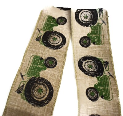 Summer Wired Wreath Bow - Green Tractors on Natural - image2